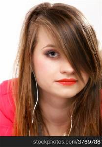 Closeup girl with headphones listen music on the white background