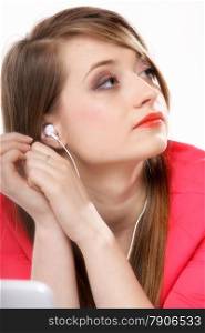 Closeup girl with headphones listen music on the whitebackground