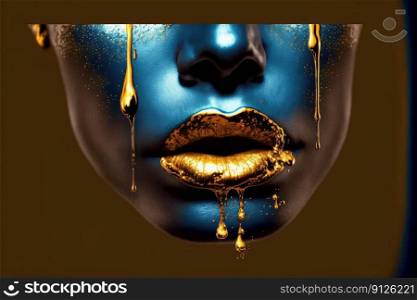 Closeup golden liquid painting on woman sexy lips. Concept in abstract art of beauty woman makeup. Gold liquid dripping on blue makeup face. Finest generative AI.. Closeup golden liquid painting on woman sexy lips.
