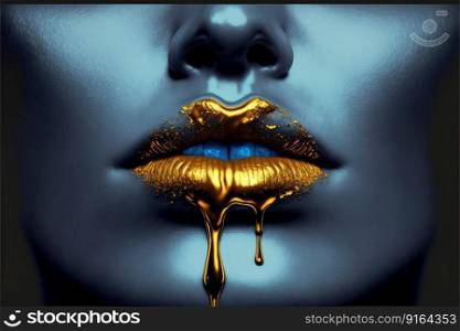 Closeup golden liquid painting on woman sexy lips. Concept in abstract art of beauty woman makeup. Gold liquid dripping on blue makeup face. Finest generative AI.. Closeup golden liquid painting on woman sexy lips.