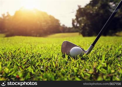 closeup golf club and golf ball on green grass wiht sunset