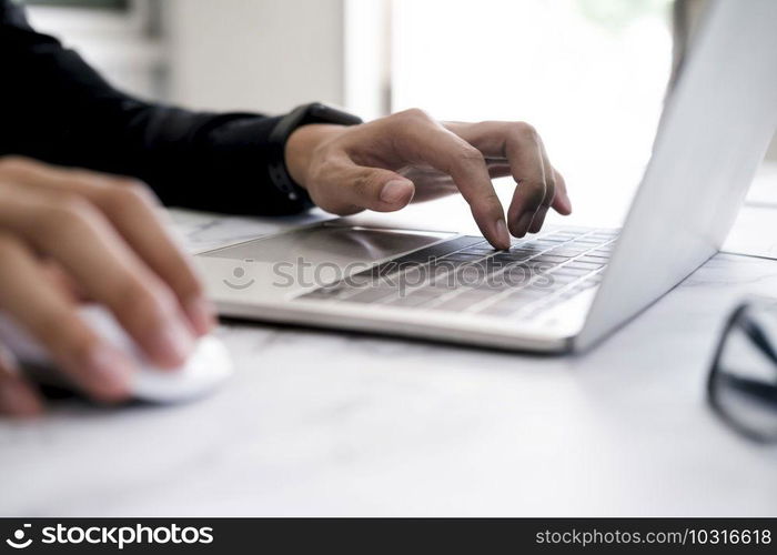Closeup hand coding programing computer software. Using online connect technology for business or education and communication. 