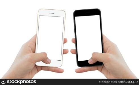 closeup hand hold phone isolated on white background, mock-up phone matte black and gold color white screen