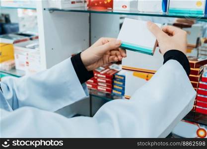 Closeup hand holding blank mockup pillbox from the shelf in pharmacy concept. Pharmacist or chemist showing blank medicine package at drugstore. Medical professional at shelf in medicine store.