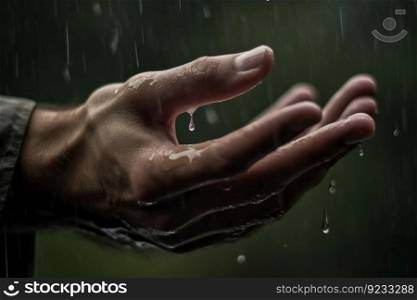 Closeup hand in park rain. Summer drop. Generate Ai. Closeup hand in park rain. Generate Ai