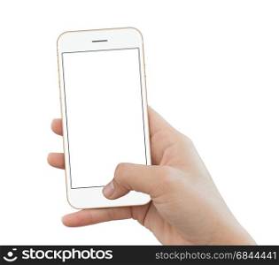 closeup hand use phone gold color isolated on white background, mock up phone white screen for add app screen