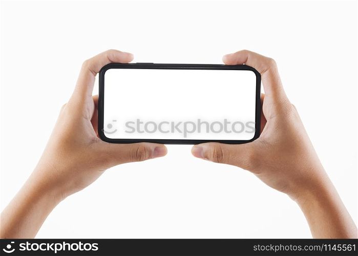 closeup hand woman holding black smartphone blank screen isolate on white background