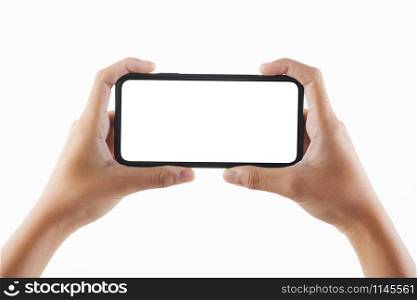closeup hand woman holding black smartphone blank screen isolate on white background