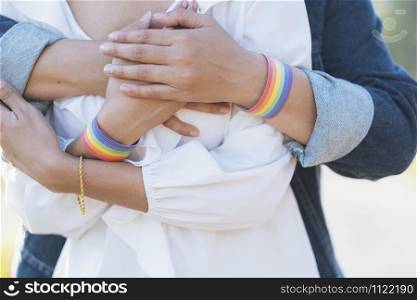 Closeup hands of LGBT lesbian couple. Couple of LGBT holding hands walking in the park. LGBT right concept.