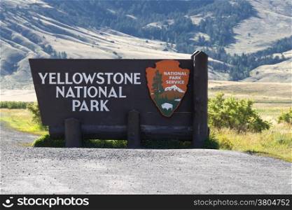 Closeup horizontal image of Yellowstone National Park sign at the north entrance in Montana