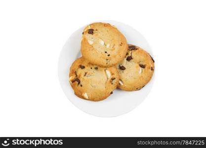 Closeup horizontal photo of chocolate and nut cookies on plate isolated on white