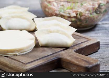 Closeup horizontal photo of homemade traditional Chinese Dumplings in wrappers being made from raw ingredients