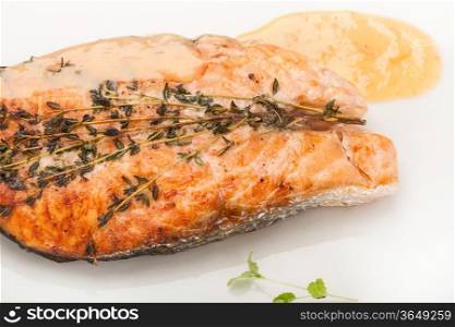 closeup hot dish roaster staek from salmon