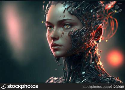 Closeup hybrid cyborg beauty transformation with a girl humanoid face. Inspiration of gaming robotic characteristic with cyber steel suit. Finest generative AI.. Closeup hybrid cyborg beauty transformation with a girl humanoid face.