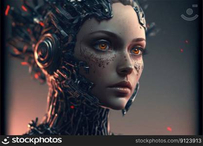 Closeup hybrid cyborg beauty transformation with a girl humanoid face. Inspiration of gaming robotic characteristic with cyber steel suit. Finest generative AI.. Closeup hybrid cyborg beauty transformation with a girl humanoid face.