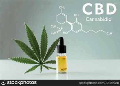 Closeup image legalized CBD oil in bottle with dropper lid with leafs and formula hexagon structure of biochemistry on empty background. CBD oil extract from legalized cannabis concept.. Closeup image legalized CBD oil in bottle with dropper lid with leafs backdrop.