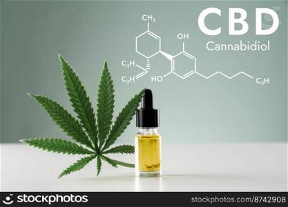 Closeup image legalized CBD oil in bottle with dropper lid with leafs and formula hexagon structure of biochemistry on empty background. CBD oil extract from legalized cannabis concept.. Closeup image legalized CBD oil in bottle with dropper lid with leafs backdrop.