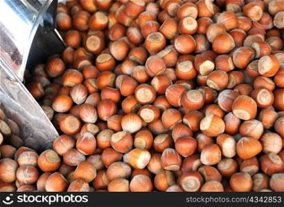 Closeup image of hazelnuts and a scoop on the market in Turkey