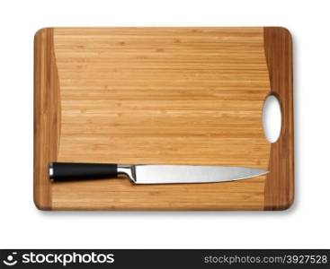 Closeup image of kitchen japanese style chef knife on vintage cutting board