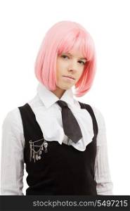closeup image of lovely schoolgirl with pink hair