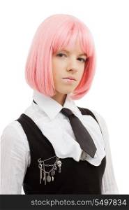 closeup image of lovely schoolgirl with pink hair