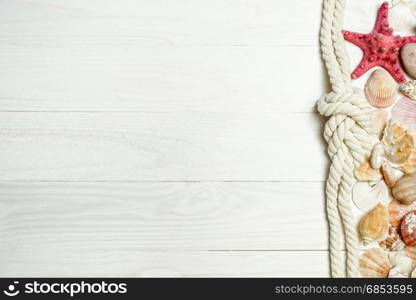 Closeup image of seashells, ropes and starfish lying on white wooden boards