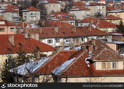 Closeup image of tiled roof houses in Bulgaria
