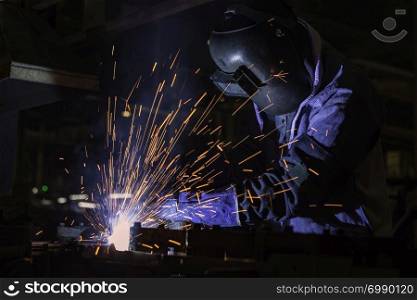 Closeup industrial worker at the factory is welding