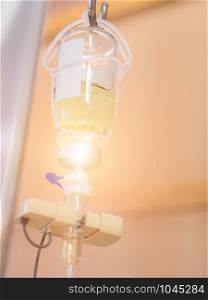 Closeup intravenous infusion saline iv drip for patient in hospital.
