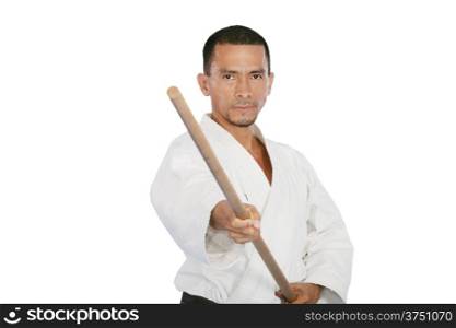 Closeup isolated portrait of martial arts man in kimono excercising karate kata