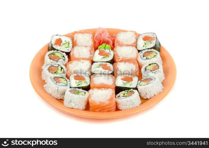 Closeup japanese sushi set at plate on a white