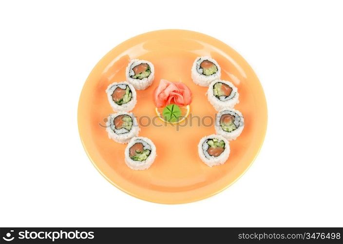 Closeup japanese sushi set at plate on a white