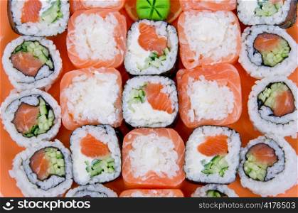 Closeup japanese sushi. Top view