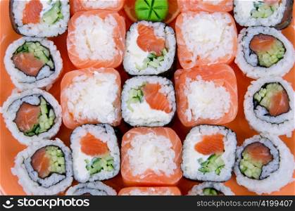 Closeup japanese sushi. Top view