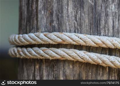 closeup knot of thick rope tied around a wooden stake