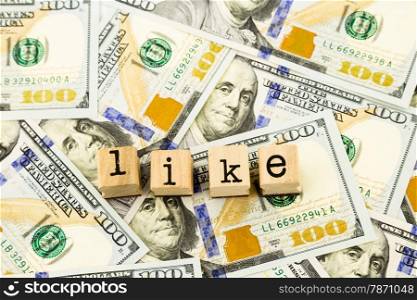 closeup like wording stack on dollar banknotes, money and currency concept and idea