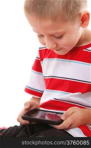 Closeup little boy playing games on smartphone or reading a text message isolated on white background