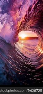 Closeup Look of Ocean Waves Tube in Dark Purple Sunset with Sun Inside Wave. Generative ai. High quality illustration. Closeup Look of Ocean Waves Tube in Dark Purple Sunset with Sun Inside Wave. Generative ai