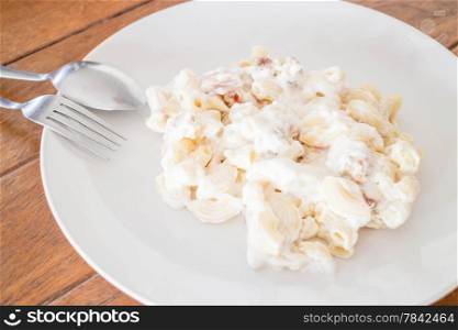 Closeup macaroni with pork ball and ham cheese, stock photo
