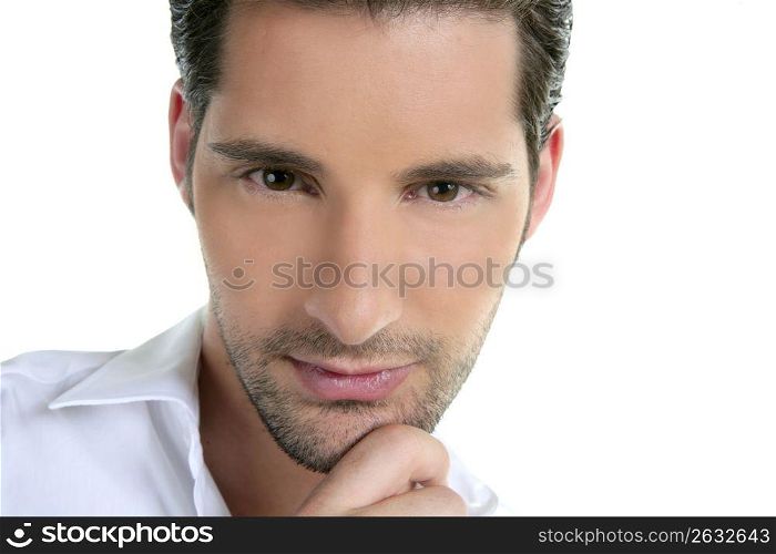 Closeup male young man portrait hand in face isolated on white
