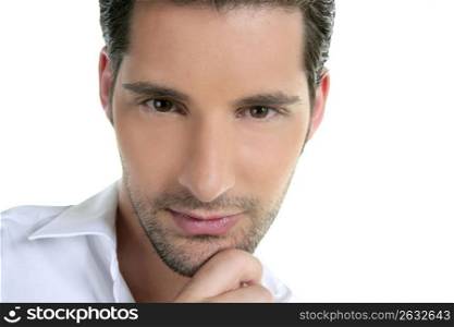 Closeup male young man portrait hand in face isolated on white