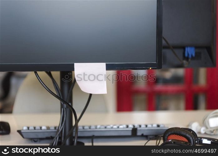 closeup mockup of startup office monitor screen with empty sticker notes