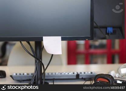 closeup mockup of startup office monitor screen with empty sticker notes