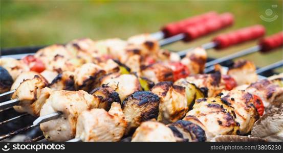 Closeup of a barbecue with chicken and vegetables on spear