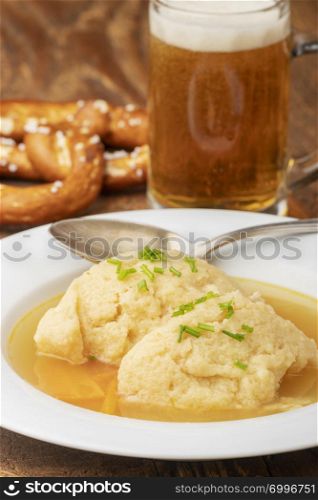 closeup of a bavarian semolina dumpling soup