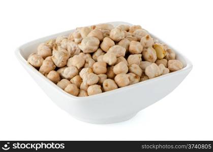 Closeup of a bowl with chickpeas on a white background