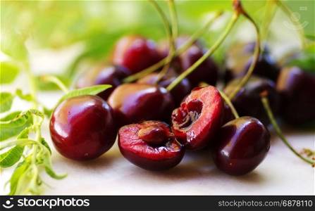 Closeup of a bunch of cherries on table