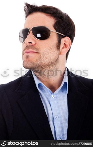 Closeup of a business man with sunglasses on a white background