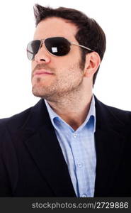 Closeup of a business man with sunglasses on a white background