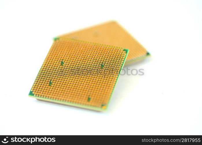 Closeup of a computer processor with golden pins over a white background